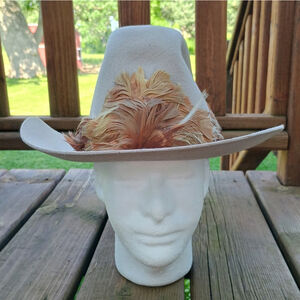 Vintage Bollman USA Range Rider Beige Wool Cowboy Hat W/ Feathers Size Medium